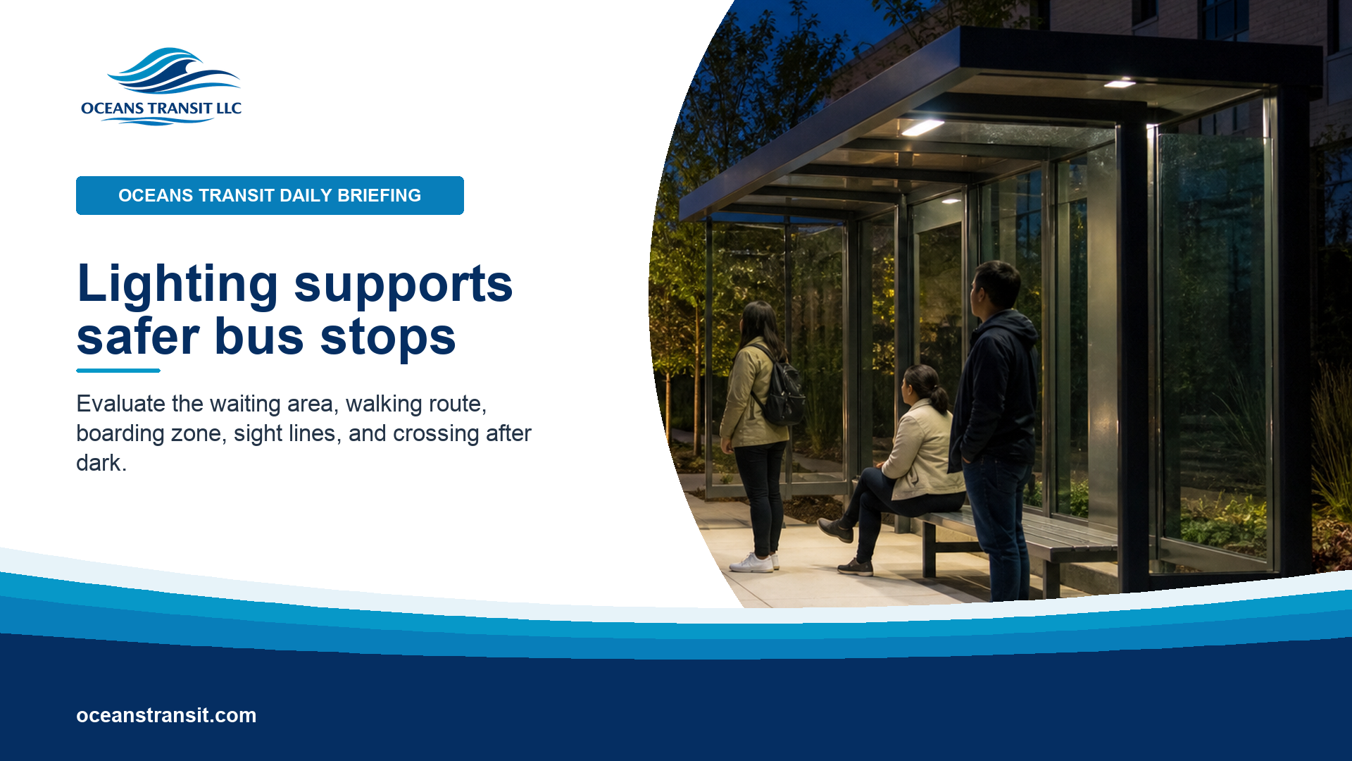 An evenly lit glass bus shelter, accessible boarding area, waiting passengers, and an approaching transit bus at dusk.