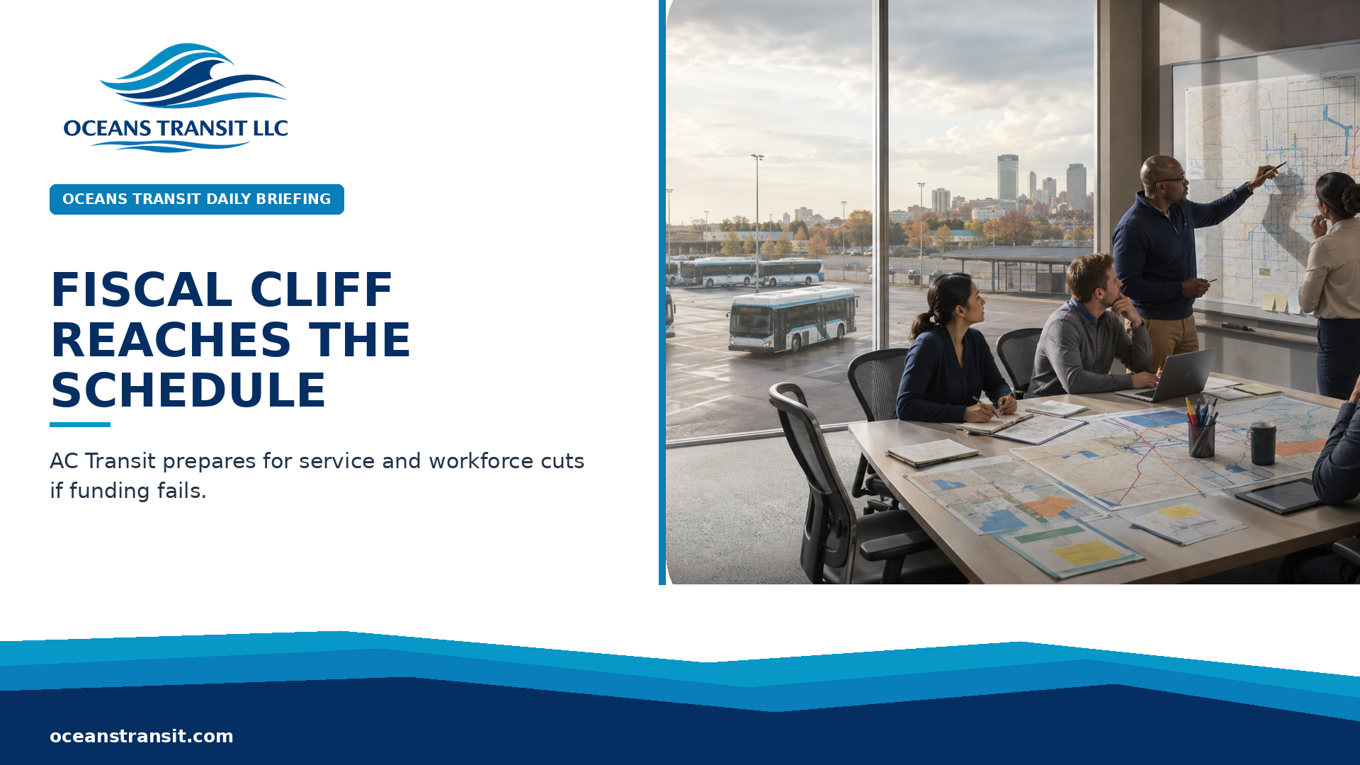 Oceans Transit Daily Briefing website graphic titled ‘Fiscal Cliff Reaches the Schedule,’ paired with an AI-generated editorial illustration.