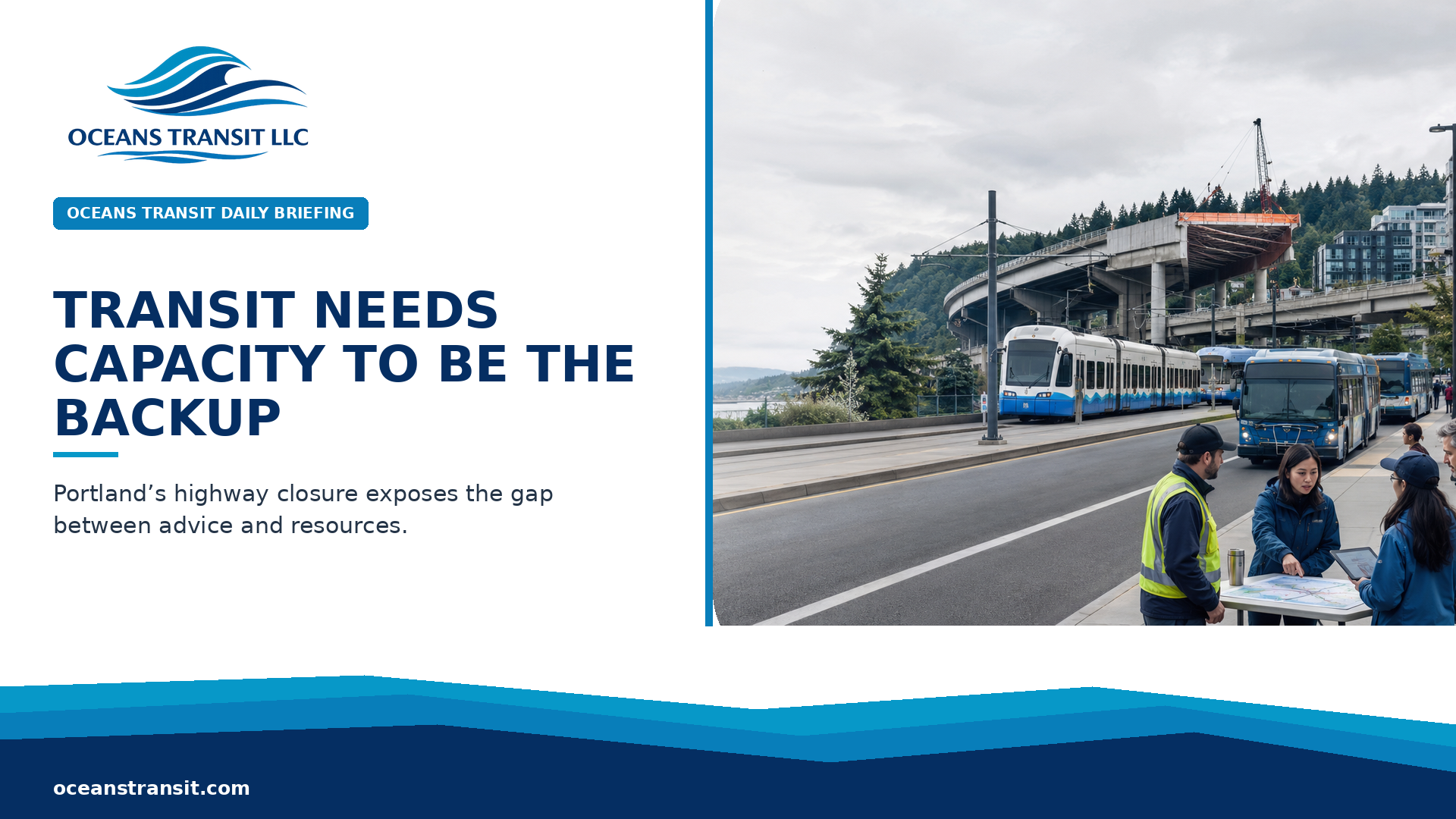 Oceans Transit Daily Briefing website graphic titled ‘Transit Needs Capacity to Be the Backup,’ paired with an AI-generated editorial illustration.