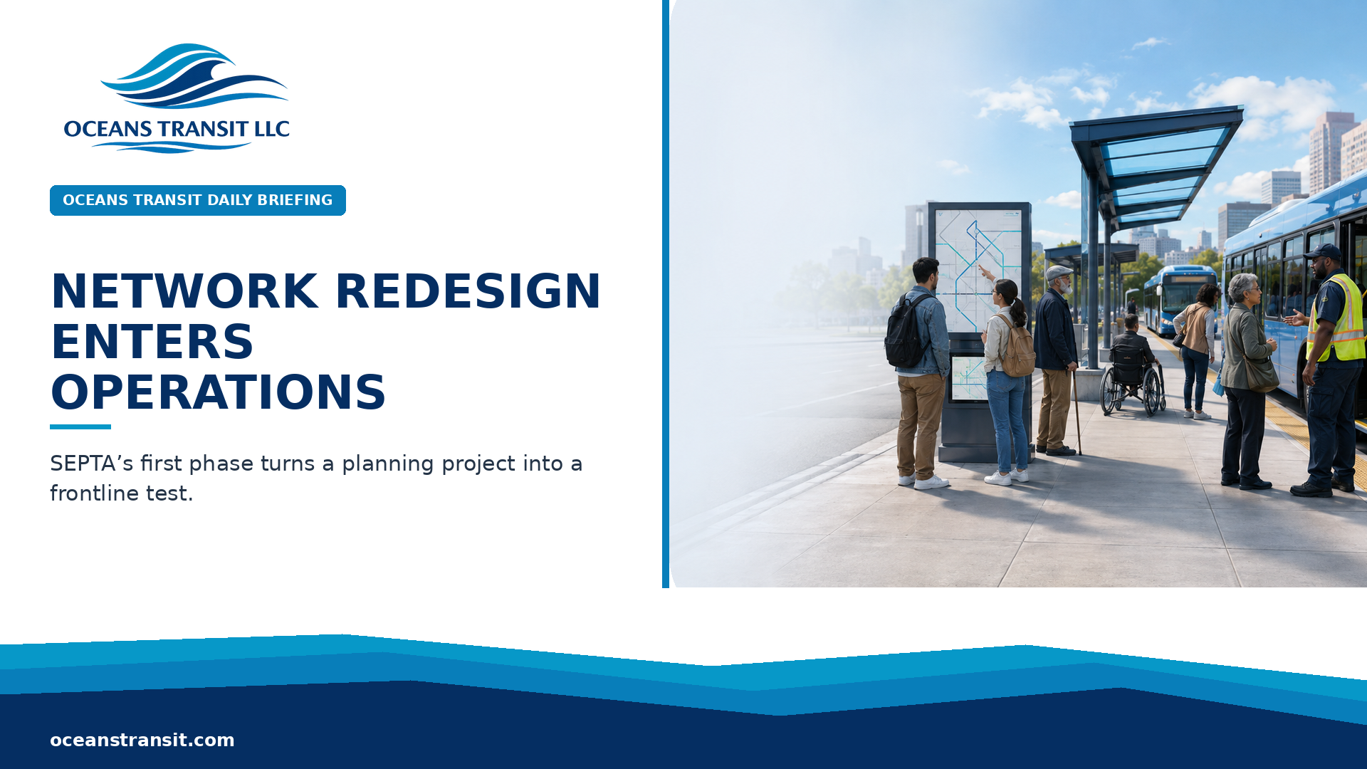 Oceans Transit Daily Briefing website graphic titled ‘Network Redesign Enters Operations,’ paired with an AI-generated editorial illustration.