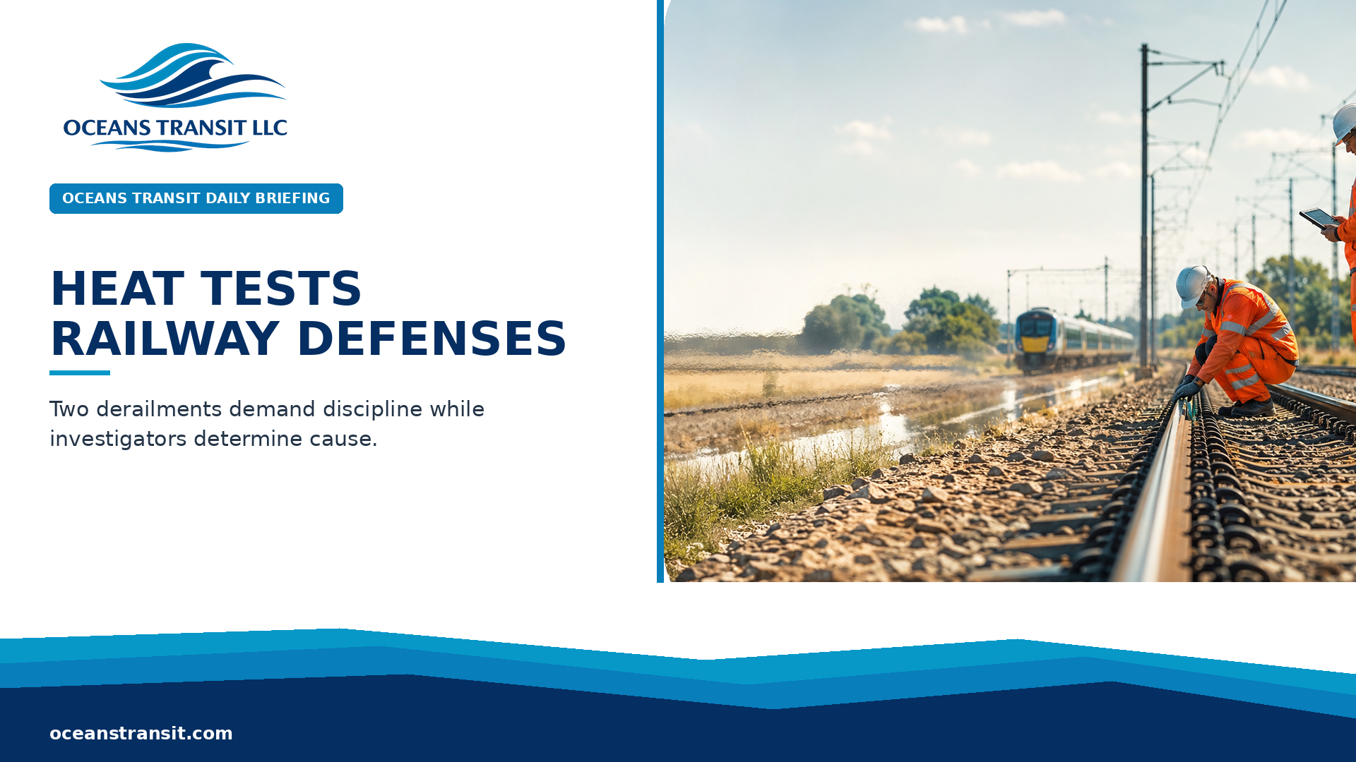 Oceans Transit Daily Briefing website graphic titled ‘Heat Tests Railway Defenses,’ paired with an AI-generated editorial illustration.