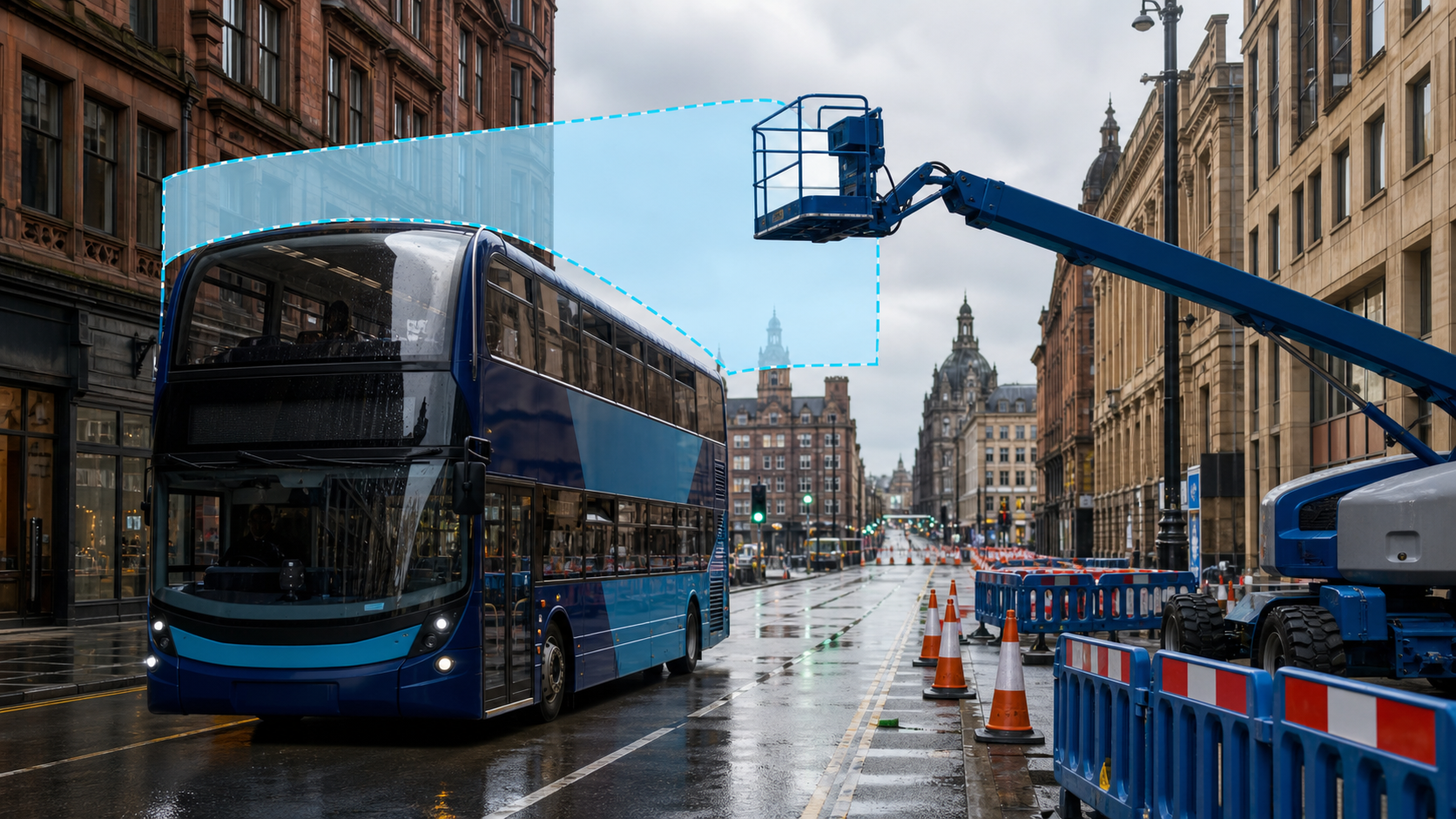 Editorial illustration of a generic double-decker bus approaching a Glasgow street work zone where a raised work platform extends near the bus’s upper clearance envelope.