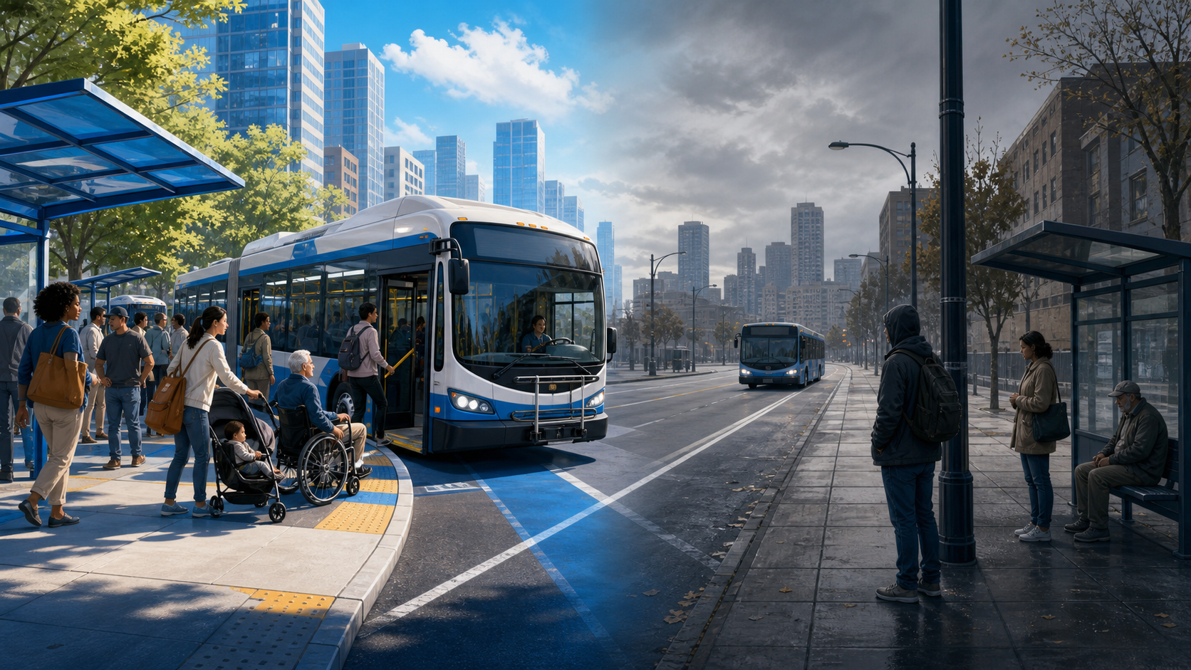Editorial illustration contrasting a busy, connected urban bus network with a quieter corridor where riders wait for less frequent service.