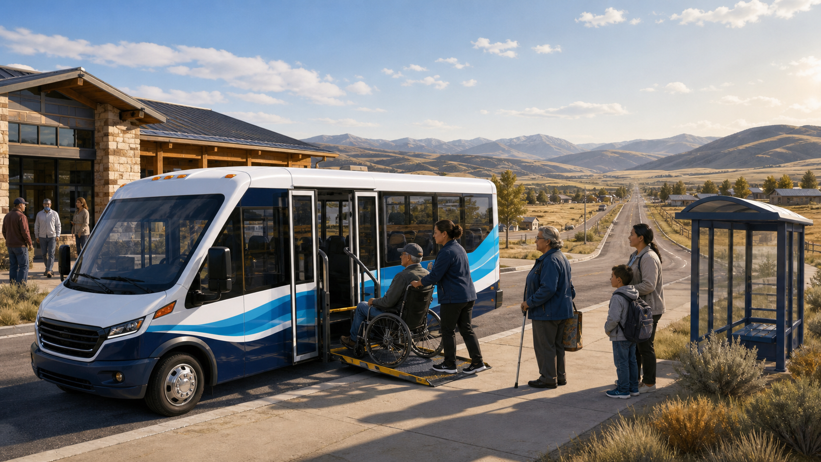 Editorial illustration of an accessible rural transit minibus boarding passengers near a community center in a wide rural landscape.