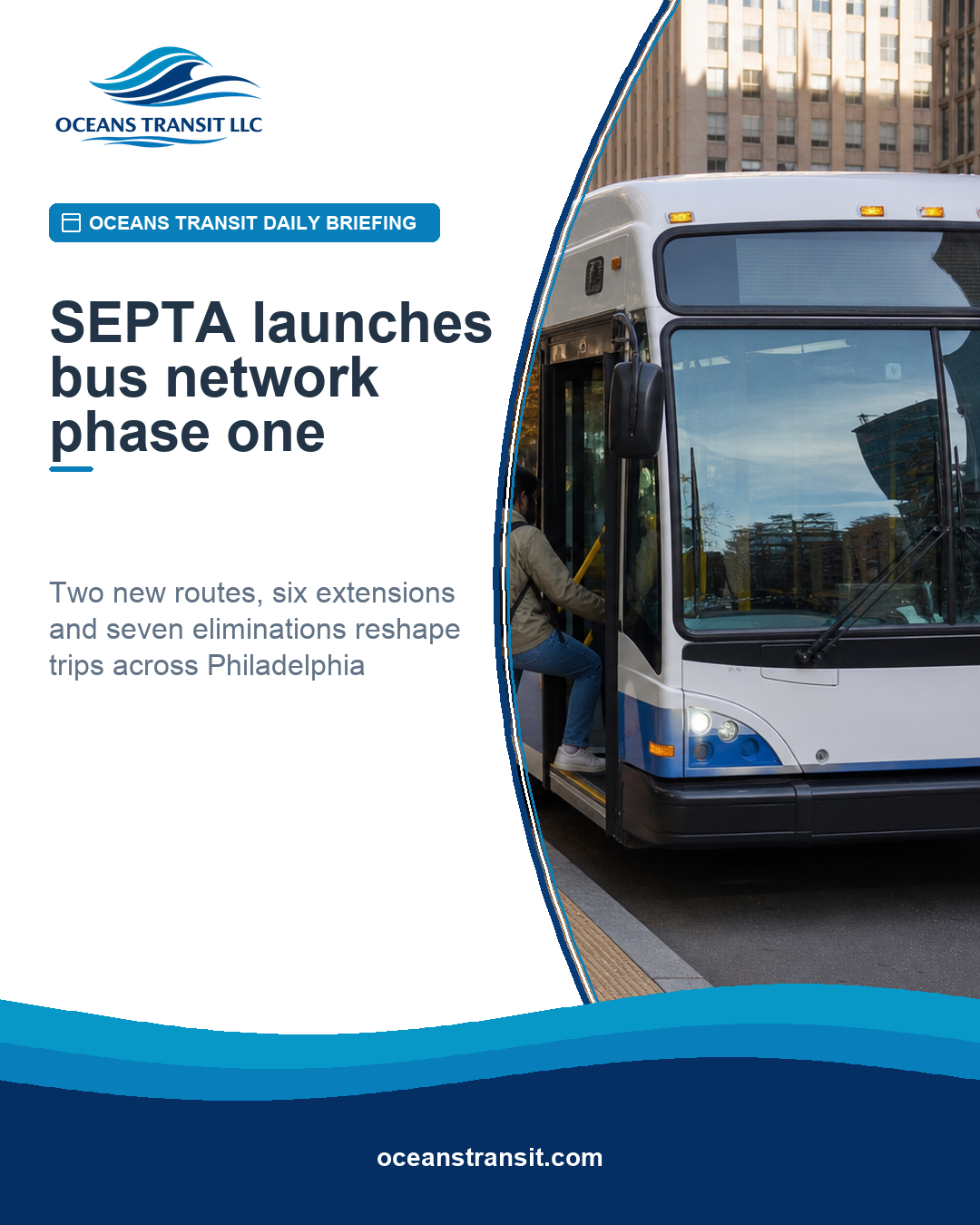 Oceans Transit briefing graphic with a generic city bus and wayfinding illustration representing a redesigned bus network.