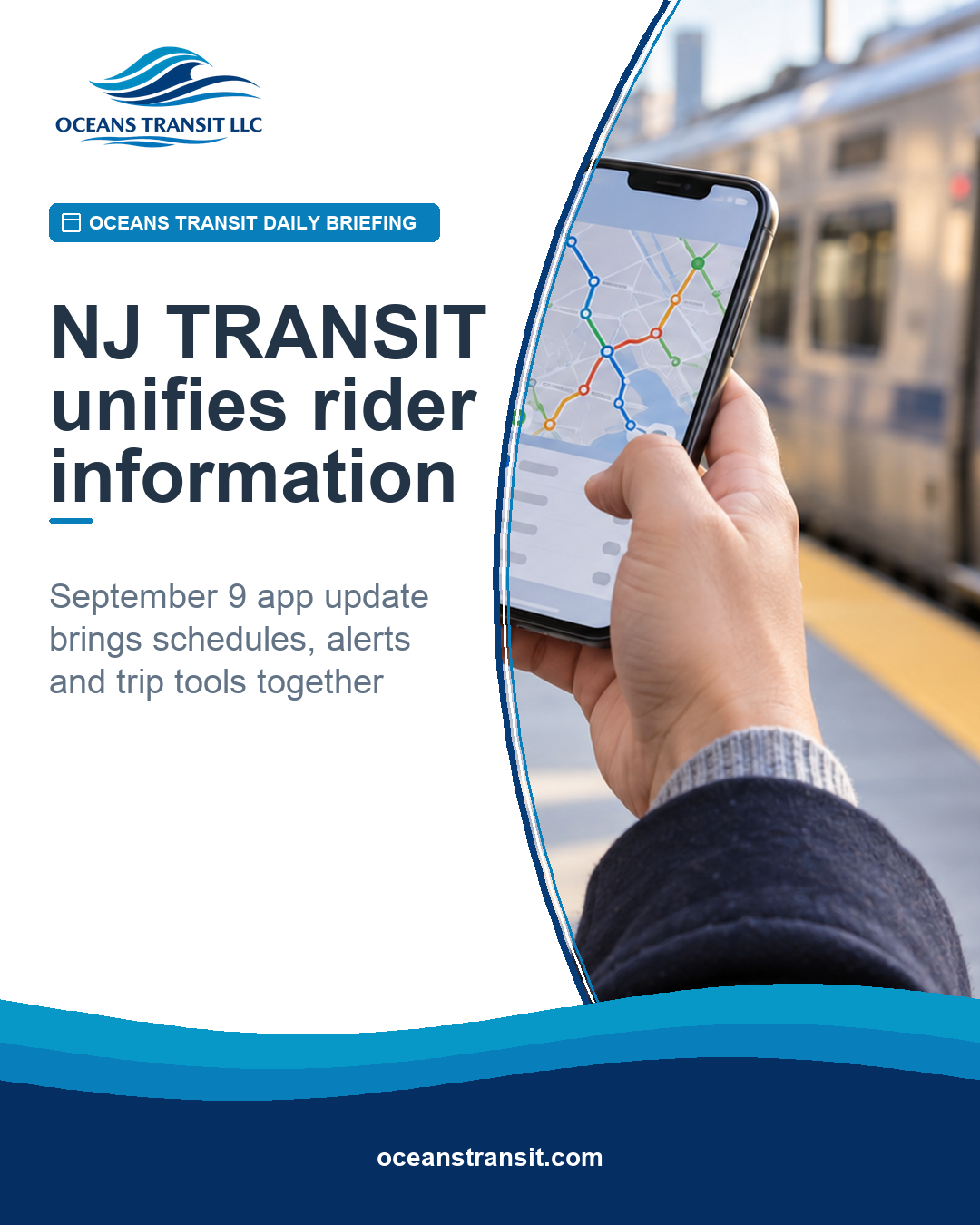 Oceans Transit Daily Briefing graphic with a generic commuter holding a phone displaying an abstract transit map on a rail platform.