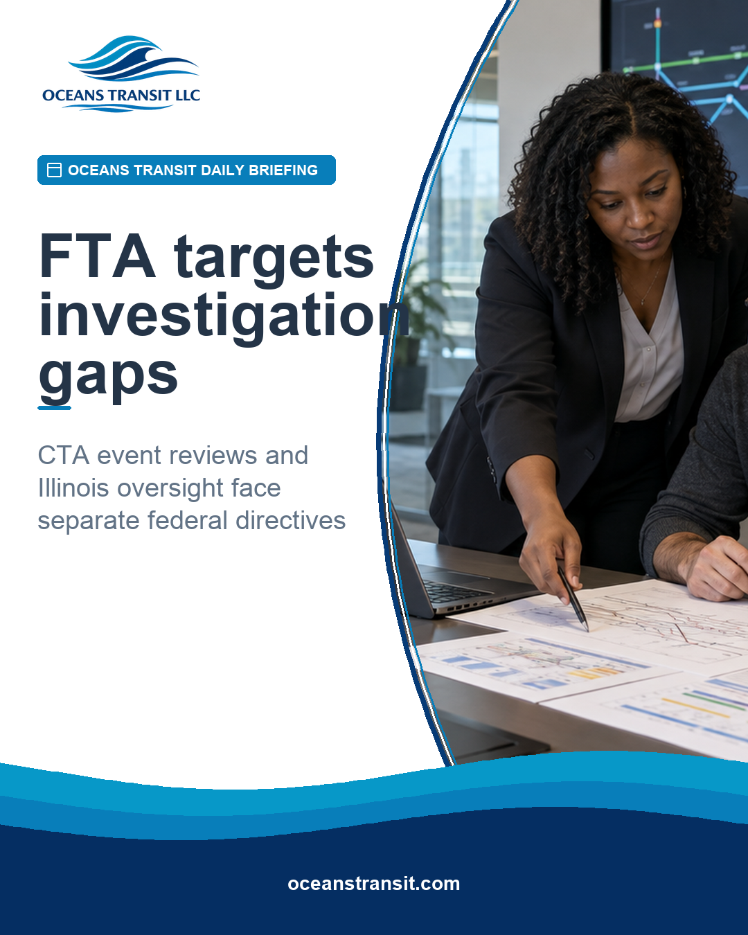 Oceans Transit Daily Briefing graphic with generic rail-safety professionals reviewing incident records in a transit operations setting.