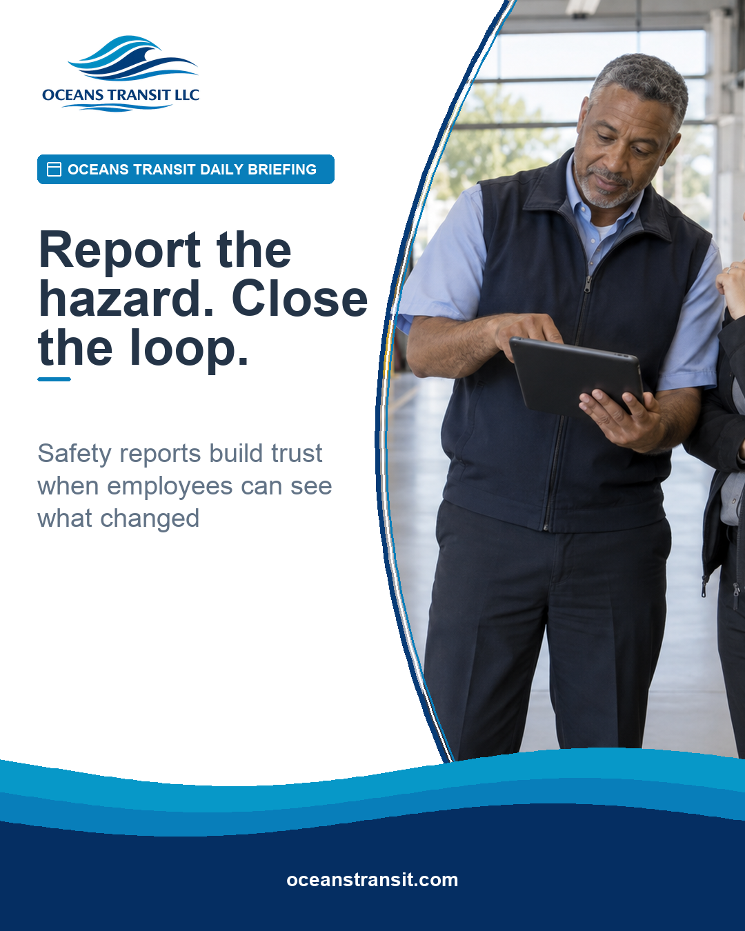 Oceans Transit Daily Briefing graphic with two generic transit employees reviewing safety information on a tablet.