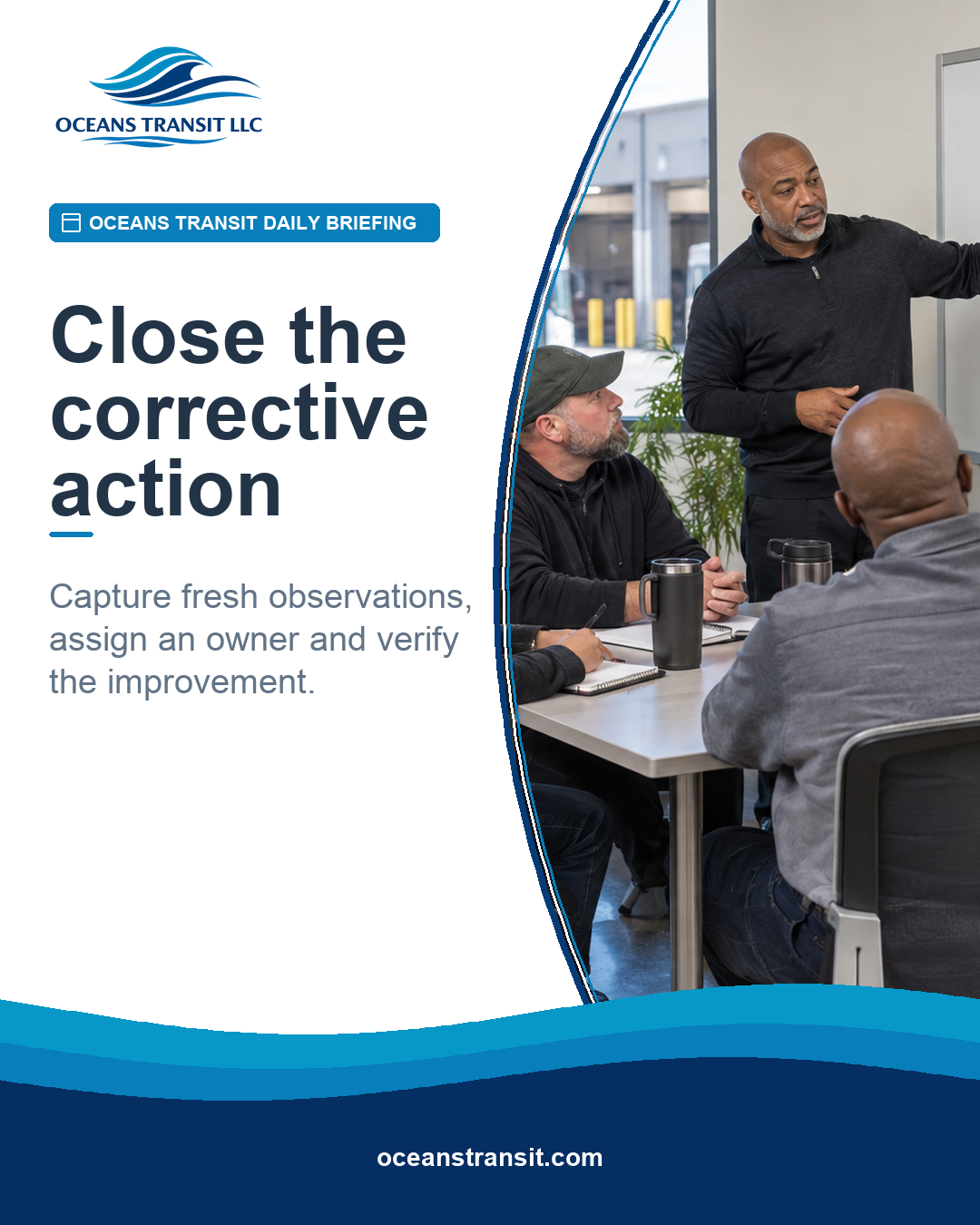 A generic transit instructor leads a structured post-exercise discussion with transit employees.