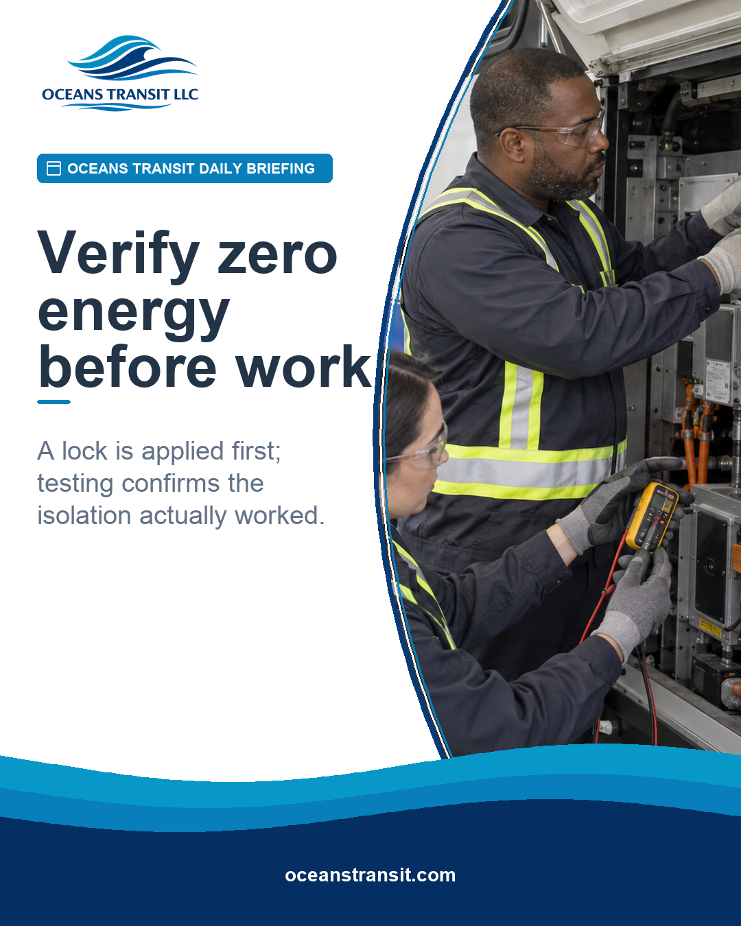 Two generic transit maintenance technicians use a personal lock and test instrument at an unbranded bus isolation panel.