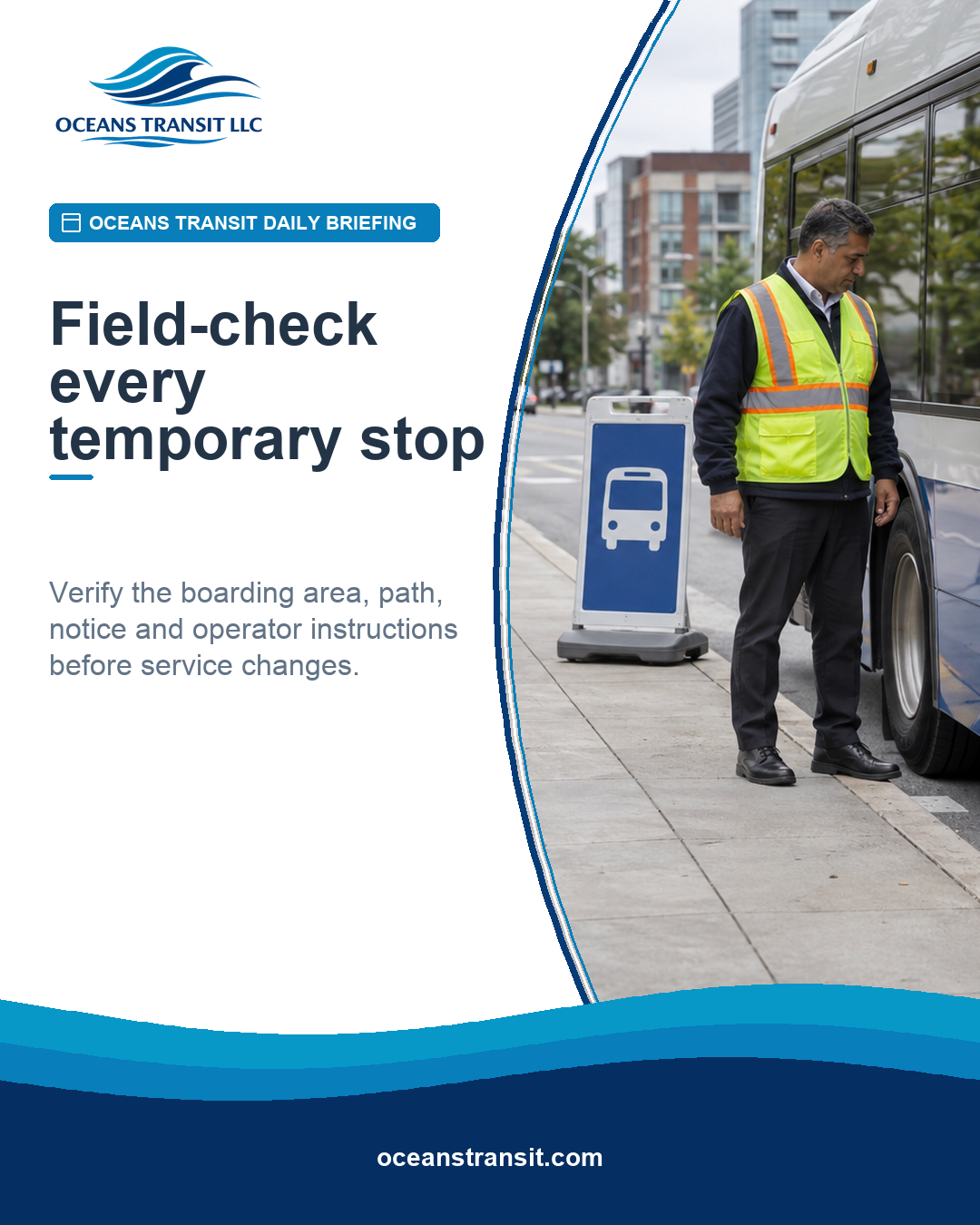 A generic transit supervisor inspects a temporary bus stop and clear boarding path near a wheelchair user and an unbranded low-floor bus.