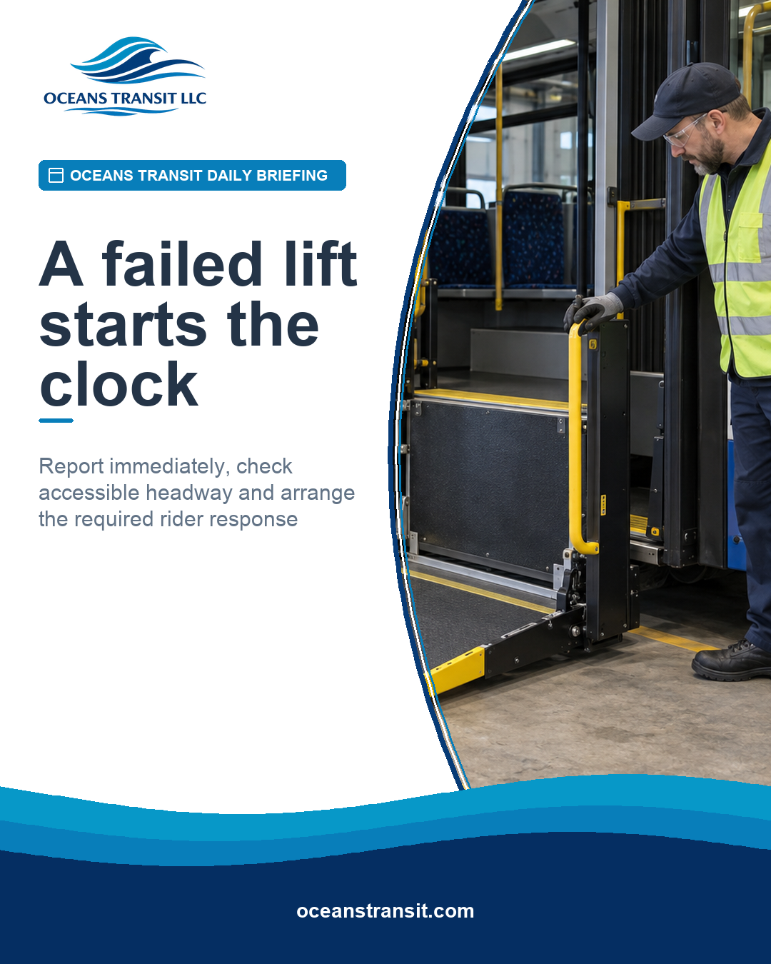 Generic bus operator and maintenance technician inspecting an accessibility lift at a safe depot bay.