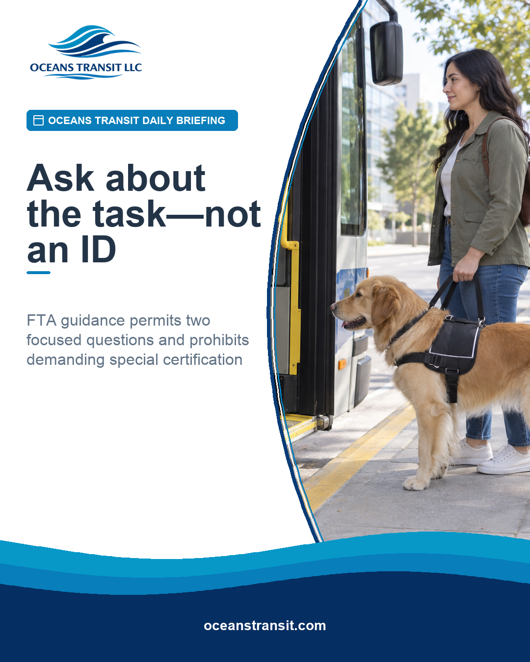 Generic transit customer with a service dog speaking calmly with a bus operator at an accessible boarding area.