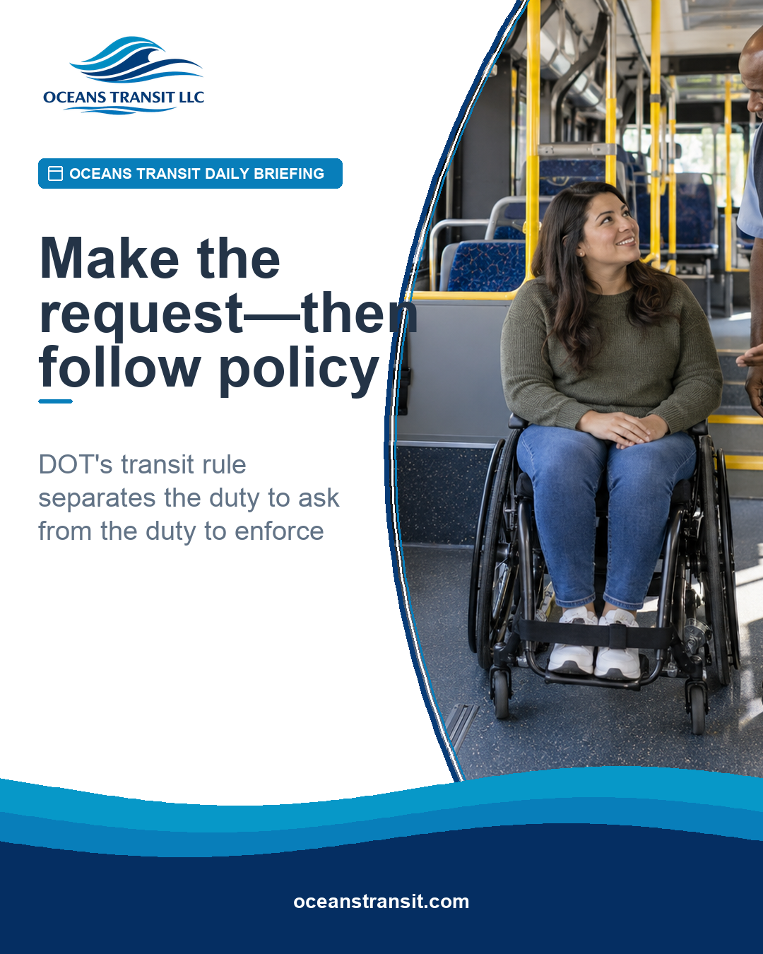 Generic bus operator calmly assisting passengers near an open wheelchair securement area.