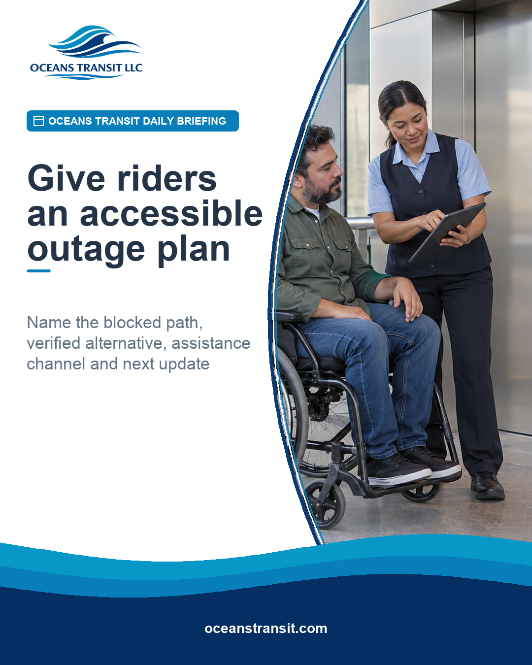 Generic transit employee assisting a wheelchair user in an accessible station concourse near an elevator.