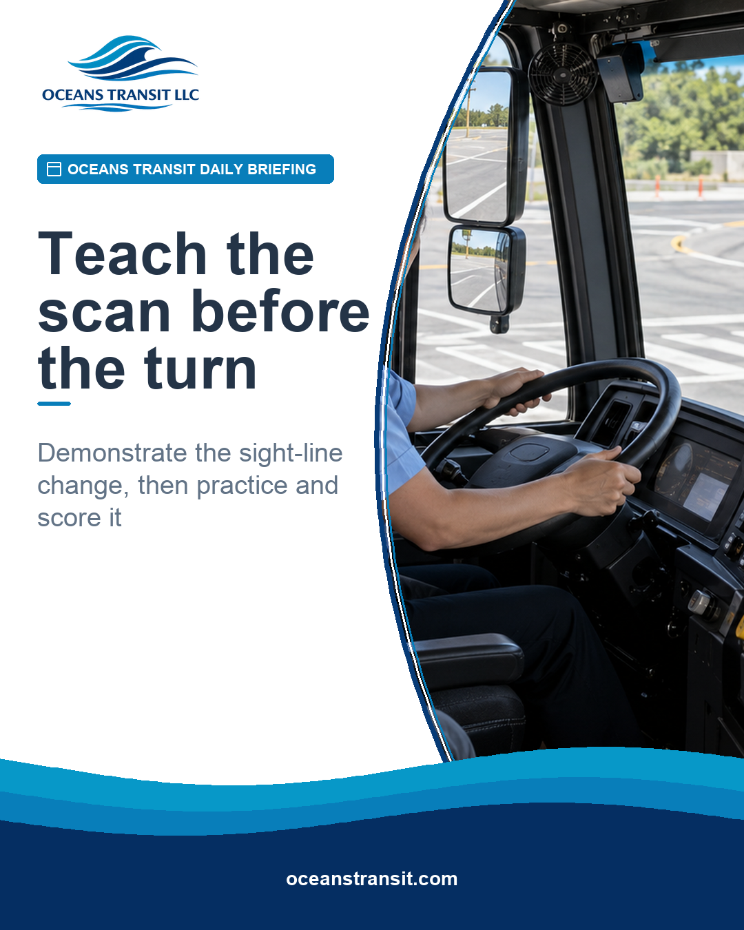 Generic bus-operator trainee demonstrating an active scan while an instructor observes on a controlled training course.
