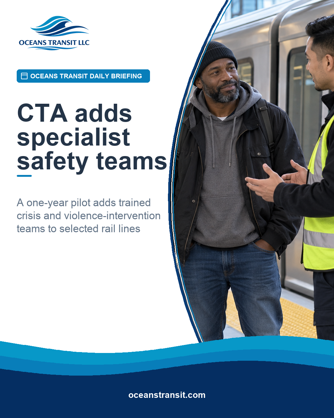 Two transit outreach specialists calmly assist a passenger on a generic urban rail platform.
