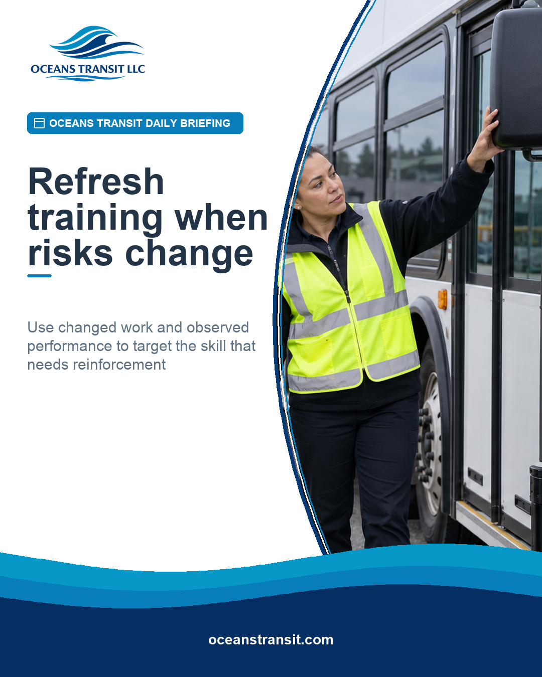A transit instructor observes an operator checking a bus mirror during a generic refresher session.