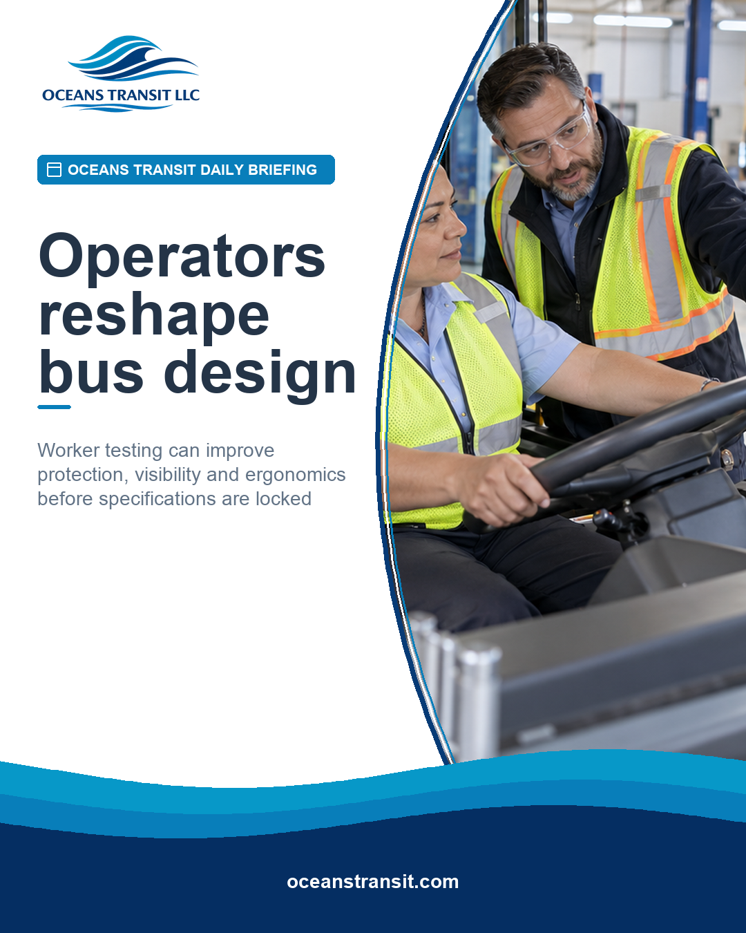 A diverse transit team examines the driver workstation of a generic city bus.